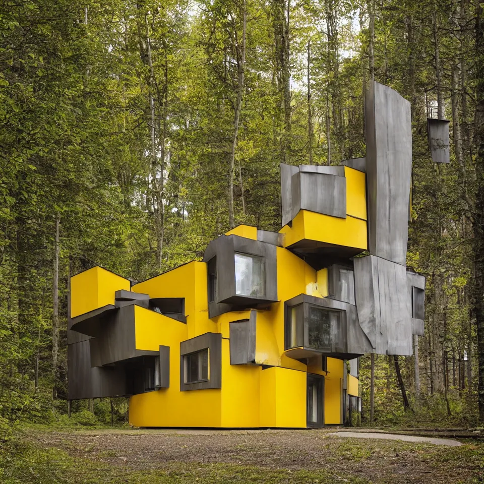 Image similar to a tiny brutalist flat horizontal house in the black forest, designed by Frank Gehry. Big tiles. Small wooden pathway . Film grain, cinematic, yellow hue