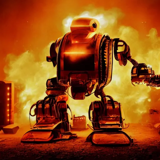 Image similar to toaster oven terminator robot, dark messy smoke - filled cluttered workshop, dark, dramatic lighting, orange tint, sparks, plasma charge, cinematic, highly detailed, sci - fi, futuristic, movie still