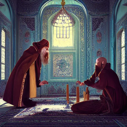 Image similar to grigori rasputin praying in the mosque, wlop, james jean, tom bagshaw, rococo, trending on artstation, fantasy, intricate, elegant, highly detailed, digital painting, concept art, smooth, illustration, cinematic lighting, hyper realism, octane render, 8 k, hyper detailed.