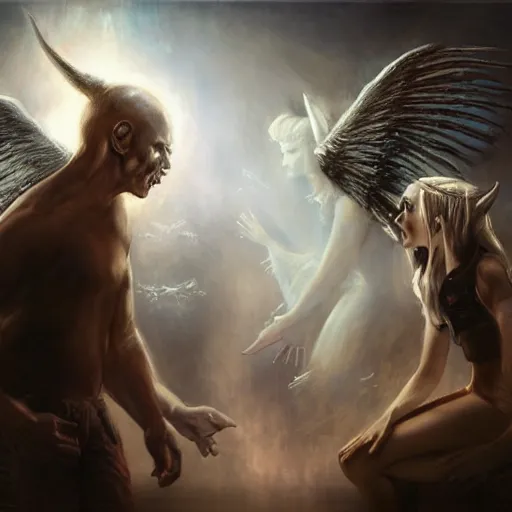 Image similar to an angel and a demon discuss the future of humanity by raymond swanland, highly detailed