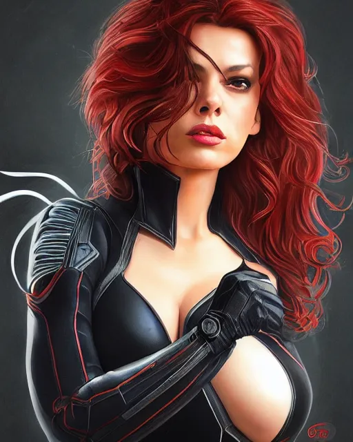 Prompt: maria grazia cucinotta as black widow, fantasy art, in the style of artgerm, illustration, epic, fantasy, intricate, hyper detailed, artstation, concept art, smooth, sharp focus, ray tracing, vibrant, photorealistic, simon bisley