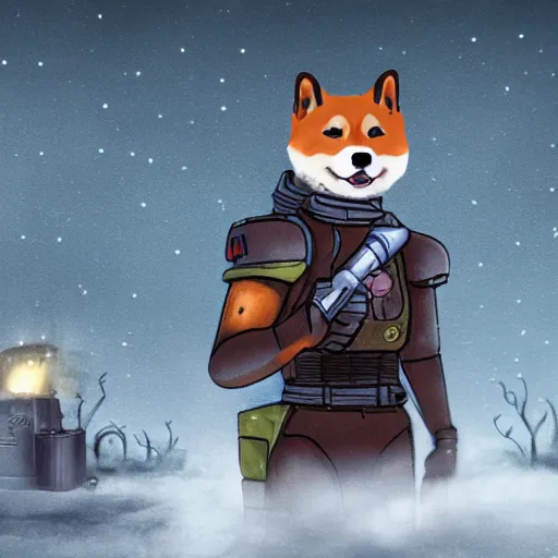 Prompt: anthropomorphic shiba inu on hill, wearing warhammer 4 0 k black exoskeleton power armor without helmet, holding sci - fi laser gatling gun, post apocalyptic foggy graveyard background