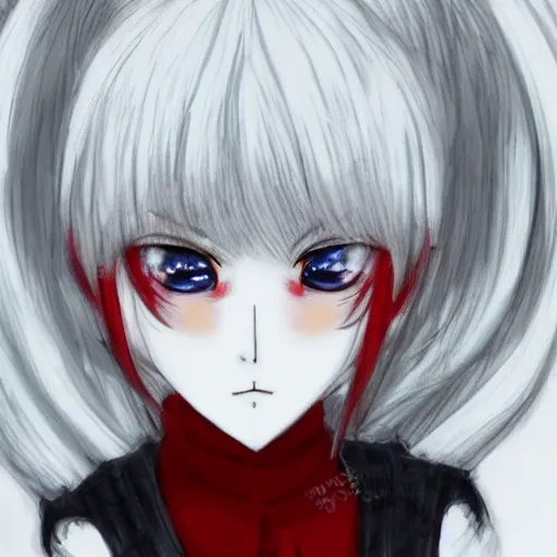 Image similar to white hair, red eyes, two little horns on the head, anime style, anime girl, sketch