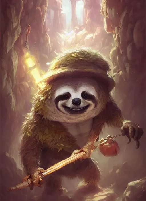 Image similar to cute little anthropomorphic sloth, wielding a magic staff, tiny, small, short, wizard robe, cute and adorable, pretty, beautiful, dnd character art portrait, matte fantasy painting, deviantart artstation, by jason felix by steve argyle by tyler jacobson by peter mohrbacher, cinema