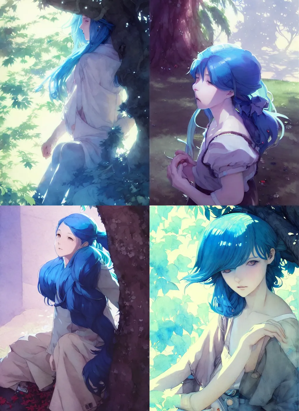 Prompt: portrait of a girl with blue hair rest under the tree, illustration, top lighting, perfect shadow, leaning towards watercolor, art by hidari and krenz cushart and wenjun lin