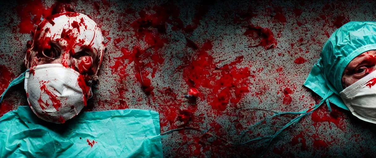 Image similar to filmic dutch angle movie still 4k UHD 35mm film color photograph of a freshly severed head with a pained expression, wearing a surgical mask , head is sideways on the floor soaked in blood, in the style of an extreme grotesque splatter horror movie