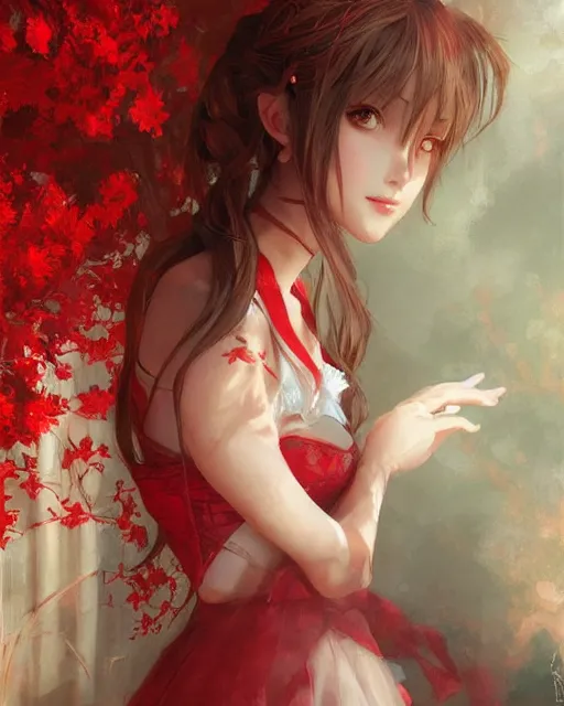 Image similar to aerith gainsborough in red lace skirt, portrait, illustration, rim light, top light, perfectly shaded, soft painting, art by krenz cushart and wenjun lin