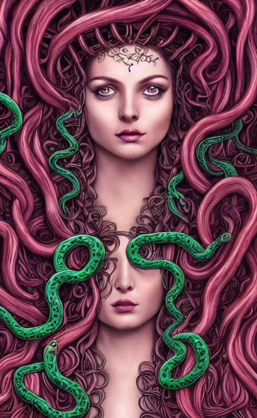 Prompt: highly detailed, digital painting of the beautiful Medusa, with symmetrical facial features, and her many snakes as hair, in the center of the image, vibrant dark mood, full view, Kodakchrome, vivid, Hyperdetailed, 4k hd matte digital painting, 8k resolution, enchanting and otherworldly, Hyperdetailed, Gsociety, trending on ArtstationHQ, dreamscape.