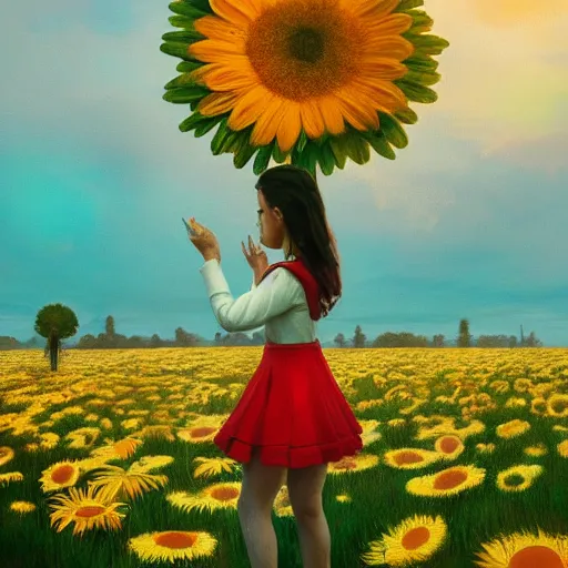 Image similar to giant daisy flower head, frontal, a girl in a suit, surreal photography, sunrise, dramatic light, impressionist painting, digital painting, artstation, simon stalenhag