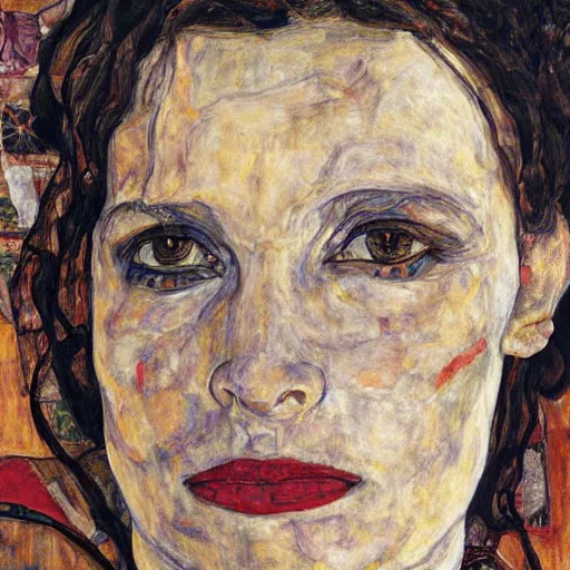 Image similar to Juliette Binoche in a bahay kubo, portrait, oil on canvas, by Egon Schiele