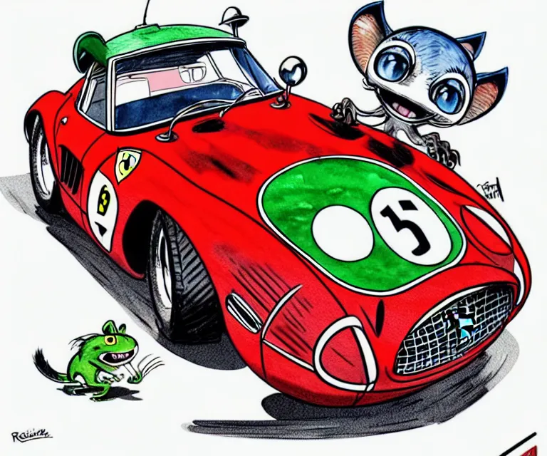 Image similar to cute and funny, racoon wearing a helmet riding in a tiny 1 9 6 2 ferrari 2 5 0 gto, ratfink style by ed roth, centered award winning watercolor pen illustration, isometric illustration by chihiro iwasaki, edited by range murata