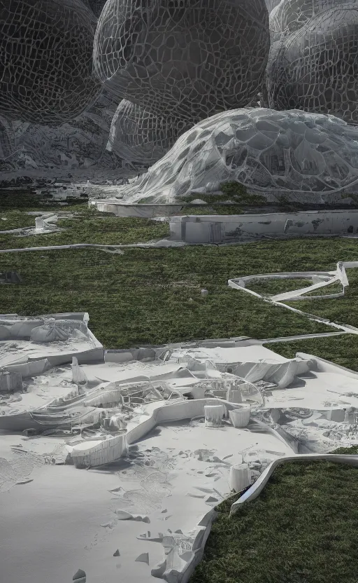 Image similar to bioremediation white architecture, in chuquicamata, epic, cinematic, hyperealistic, high detailed, corona render, hdr, ray tracing