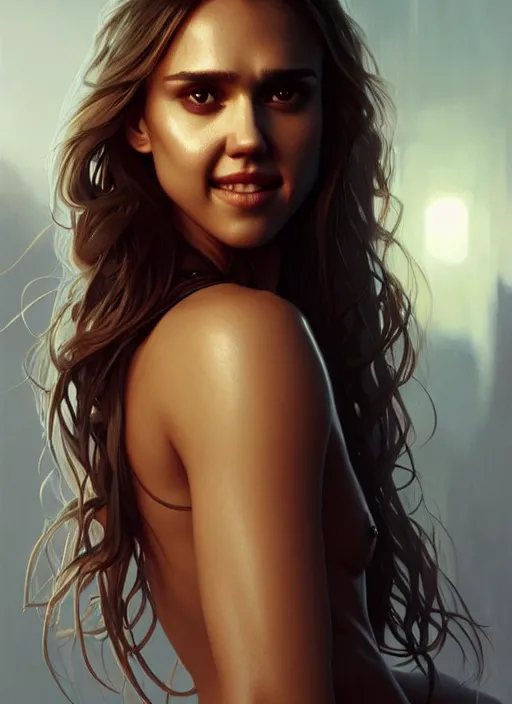 Image similar to half Jessica Alba half Nathalie Portman the pure white demon, overlord, overlord season 4, body portrait, slight smile, autumn lights, highly detailed, digital painting, artstation, concept art, sharp focus, illustration, art by wlop and greg rutkowski and alphonse mucha and artgerm