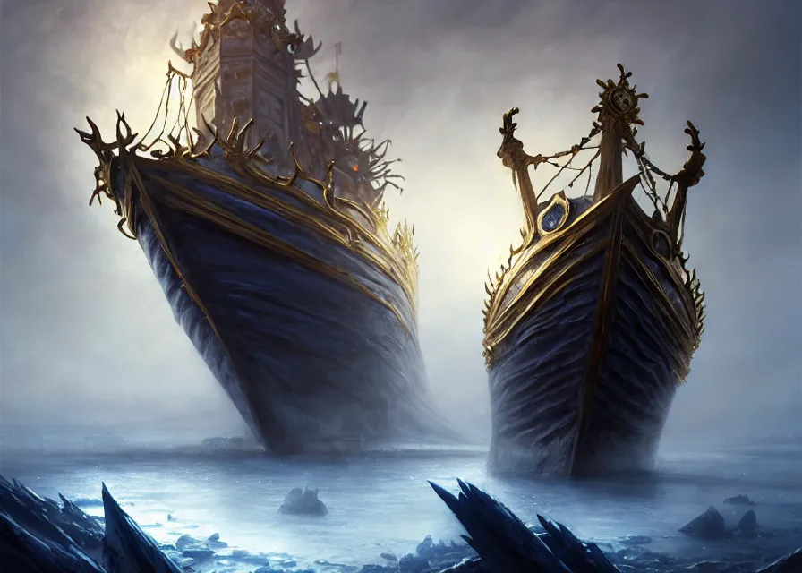 Prompt: frozen zombie king with gold crown, eyes are glowing, broken sailing ship boat in the background, is at dawn and bluish, fantasy, intricate, elegant, highly detailed, digital painting, artstation, concept art, matte, sharp focus, illustration, art by aenaluck and roberto ferri and greg rutkowski, epic fantasy, digital painting