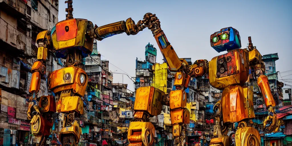 Image similar to colourful giant mecha ROBOT of AJEGUNLE SLUMS in Lagos, markings on robot, neon lights, Golden Hour,