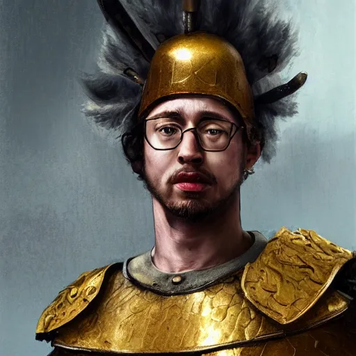 Prompt: Sam Hyde as a Roman warrior wearing gold and red armor, elegant suit, looking at bloody fist, portrait art by James Jean, highly detailed, digital painting, concept art, illustration, dim lighting with twilight rays of sunlight, trending on artstation, very detailed, smooth, sharp focus, octane render, close up