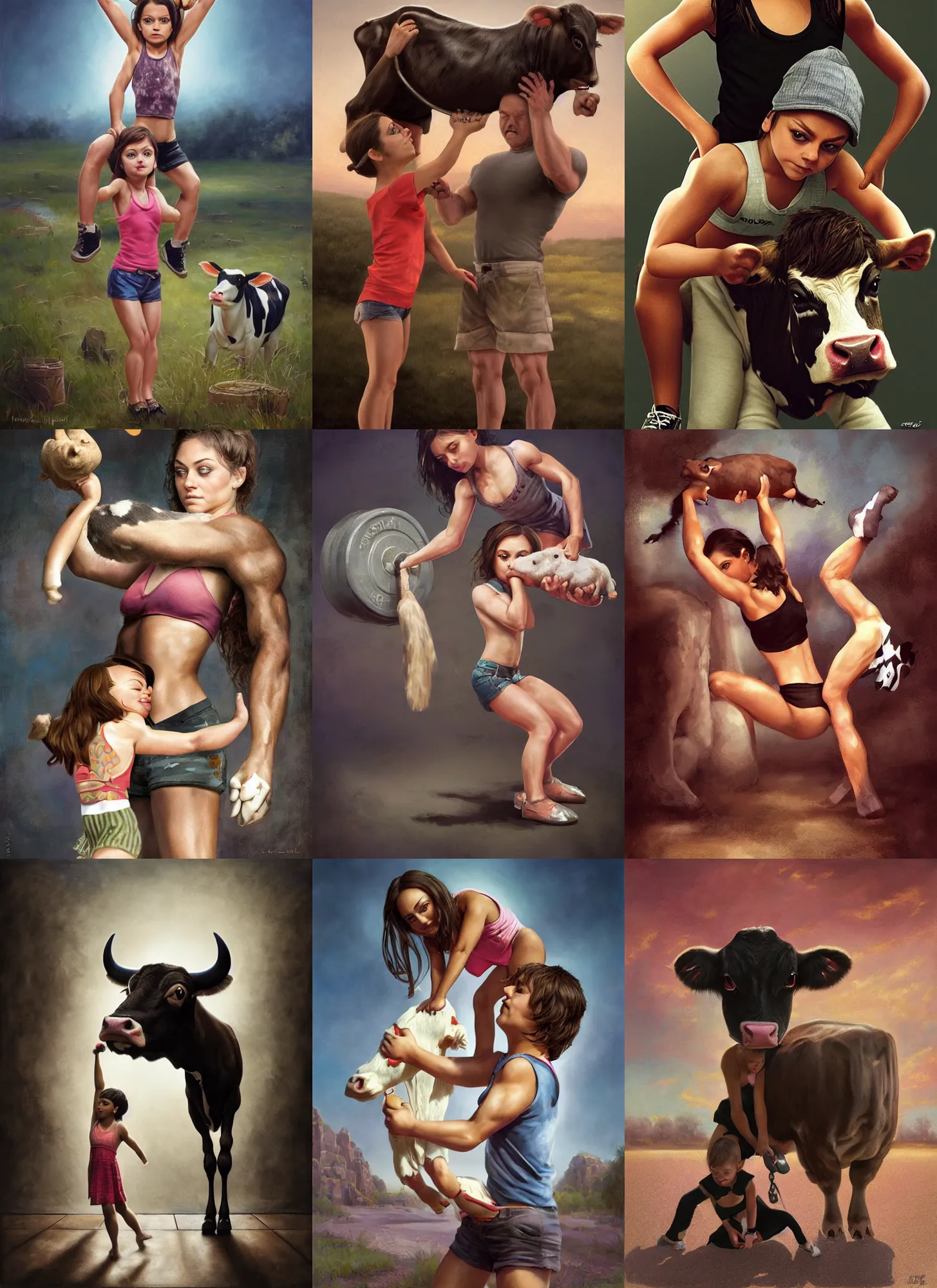 Image similar to little bodybuilder mila kunis lifting a cow, wlop, steve argyle, ilya kuvshinov, ralph horsley, rossdraw, mark ryden, daniel f. gerhartz, sophie anderson, lilia alvarado, tom chambers