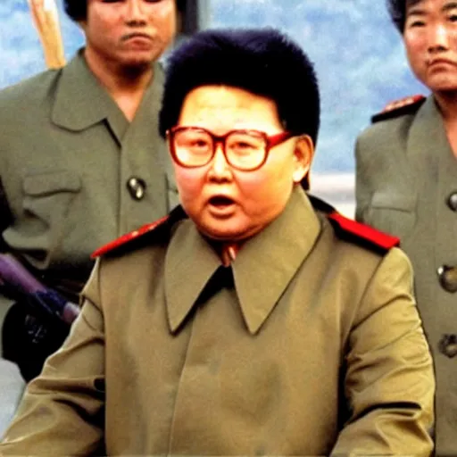 Prompt: a still of Kim Jong-il as John Rambo in Rambo First blood, red sweatband