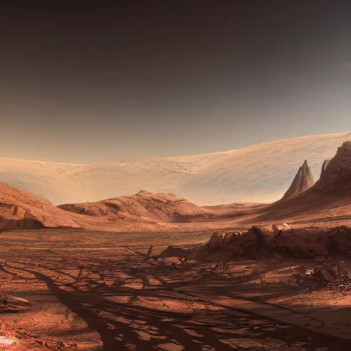 Prompt: a lush, beautiful landscape on mars in the far future, 3 d, digital art, highly detailed, cyberpunk, artstation