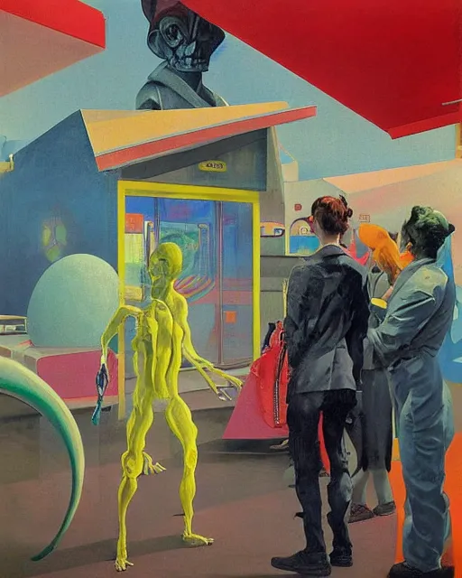 Prompt: strange creature conversing with cube shaped people at a gas station with large oxygen tank in the style of Francis Bacon and Syd Mead and Norman Rockwell and Beksinski, open ceiling, highly detailed, painted by Francis Bacon and Edward Hopper, painted by James Gilleard, surrealism, airbrush, very coherent, triadic color scheme, art by Takato Yamamoto and James Jean