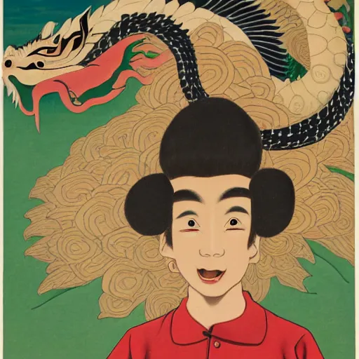 Image similar to ordered by yasuo kuniyoshi, by audrey kawasaki. a conceptual art of a young boy disguised as a dragon. the boy is shown wearing a costume with dragon - like features, including a long tail, wings, & horns. he has a large grin on his face, suggesting that he is enjoying his disguise.