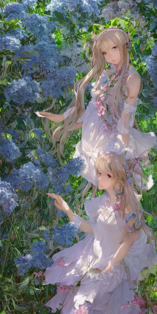 Prompt: a digital art of a loli with long hair in a dress in the privet garden at after noon, green and warm theme, mediumslateblue flowers, low angle, back lighting, by krenz cushart and mucha and akihito yoshida and greg rutkowski, highly detailed, 4 k resolution, trending on art station