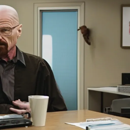 Prompt: film still of walter white talking to the camera in the office tv show. 4 k.