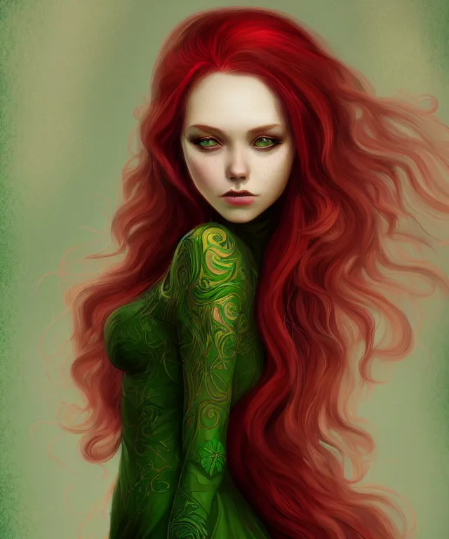 Prompt: Fae teenage girl, portrait, face, long red hair, green highlights, fantasy, intricate, elegant, highly detailed, digital painting, concept art, smooth, sharp focus, illustration