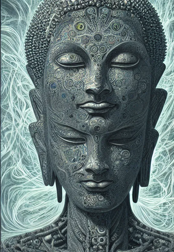 Prompt: perfectly centered portrait, front view of a beautiful biomechanical fractal robot buddha, female, flowing hair, intense stare, sarcastic smile, symmetrical, concept art, intricate detail, volumetric shadows and lighting, realistic oil painting by alex grey and gustave dore,