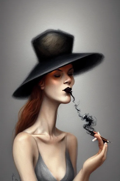 Prompt: Sad woman smoking a gigarette, wearing hat made of smoke and ashes, fantasy, intricate, elegant, highly detailed, digital painting, artstation, concept art, smooth, sharp focus, illustration, art by Ilja Repin