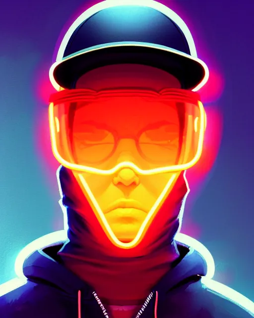 Image similar to neo - noir art style, hyper - realistic detailed portrait of a man in a hoodie, with neon visor, dynamic pose, symmetrical background, by atey ghailan, by greg rutkowski, by greg tocchini, by james gilleard, by joe fenton, by kaethe butcher, sharp focus