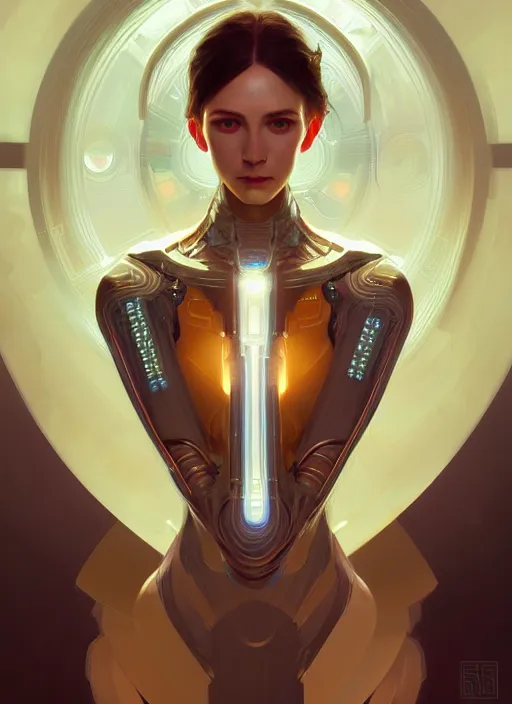 Prompt: portrait of female android, intricate, elegant, highly detailed, digital painting, artstation, concept art, smooth, sharp focus, illustration, art by artgerm and greg rutkowski and alphonse mucha