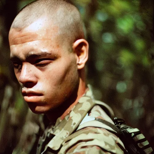 Prompt: Detailed portrait of a jarhead. CineStill.