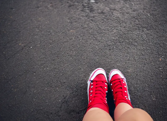 Image similar to legs of a woman sitting on the ground on a curb, knees up, very short pants, wearing red converse shoes, wet aslphalt road after rain, blurry background, sigma 8 5 mm