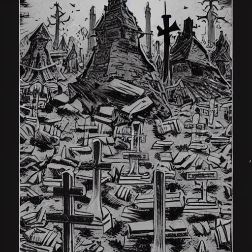 Image similar to A grave yard, with wooden graves. Faded Edges, Dark Fantasy, Film Noir, Black and White. High Contrast, Mike Mignola, D&D, OSR