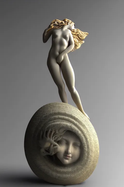 Image similar to Marble Sculpture of Aphrodite rising out of the sea in a clam shell, photorealistic, volumetric lighting, inspired by The Birth of Venus by Sandro Botticelli, trending on artstation.