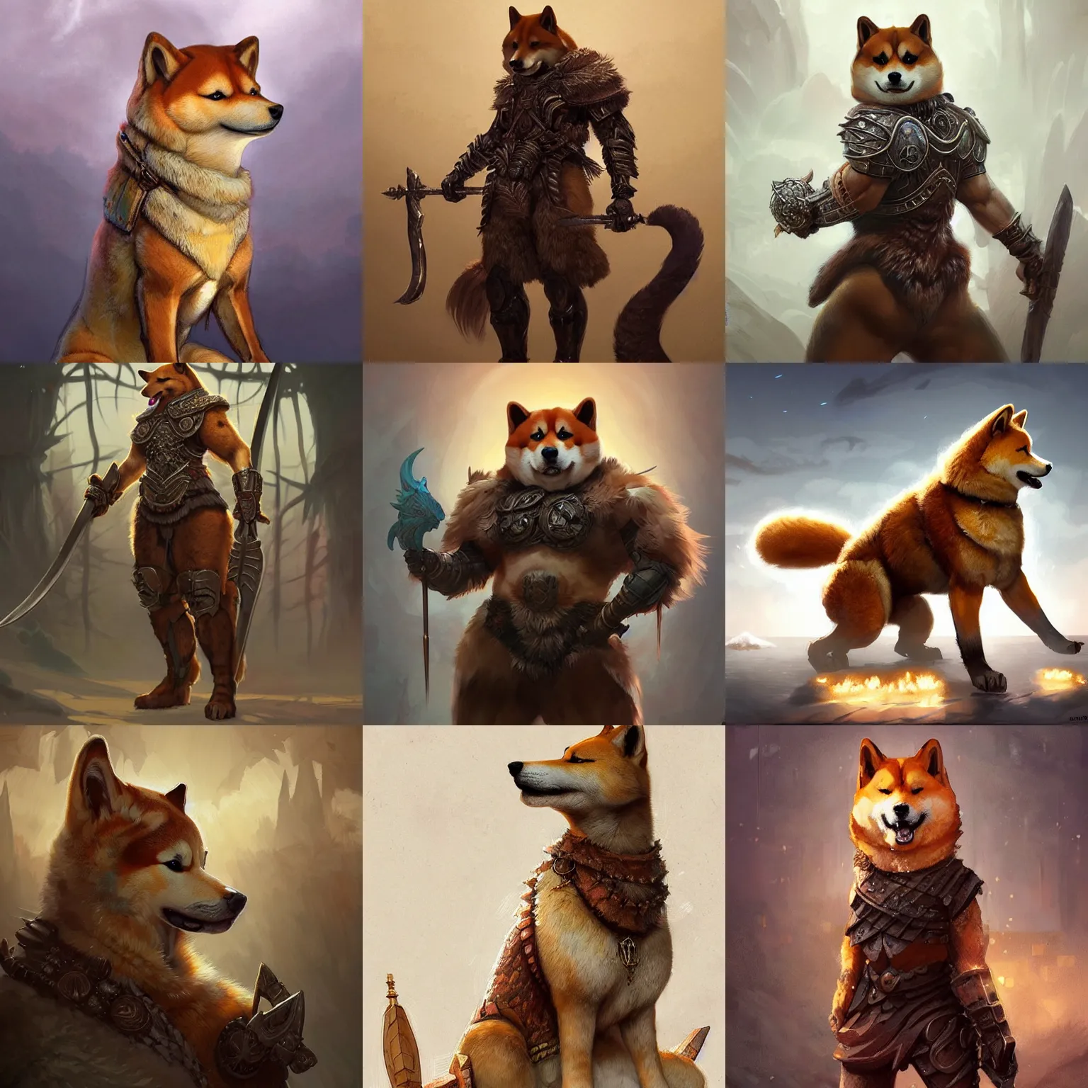 Prompt: oversized barbarian furry shiba inu human muscular armored upper body , 👅 👅 , D&D, fantasy, intricate, elegant, highly detailed, digital painting, artstation, concept art, smooth, sharp focus, illustration, art by artgerm and beeple and greg rutkowski and alphonse mucha