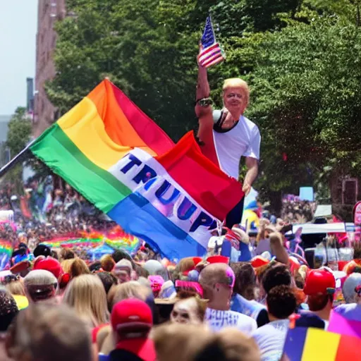 Image similar to donald trump waving a rainbow flag at a pride parade