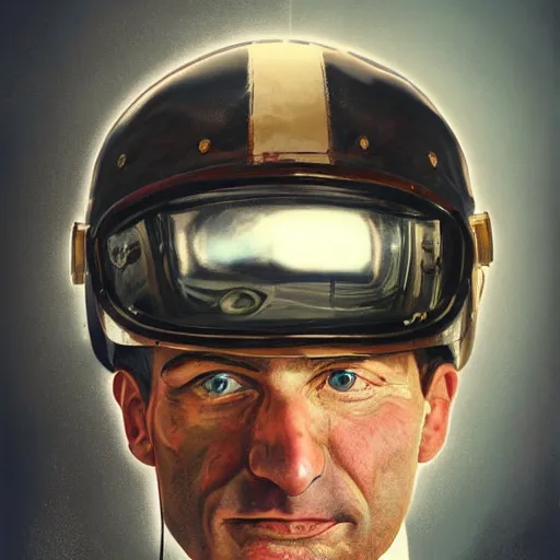 Prompt: a portrait of 1 9 2 0 man in a vintage racing helmet by sandra chevrier, detailed render, epic composition, cybernetics, 4 k realistic, cryengine, realistic shaded lighting, sharp focus, masterpiece, by matteo scalera, gary montalbano, peter elson in the style of the tokyo ghost comic