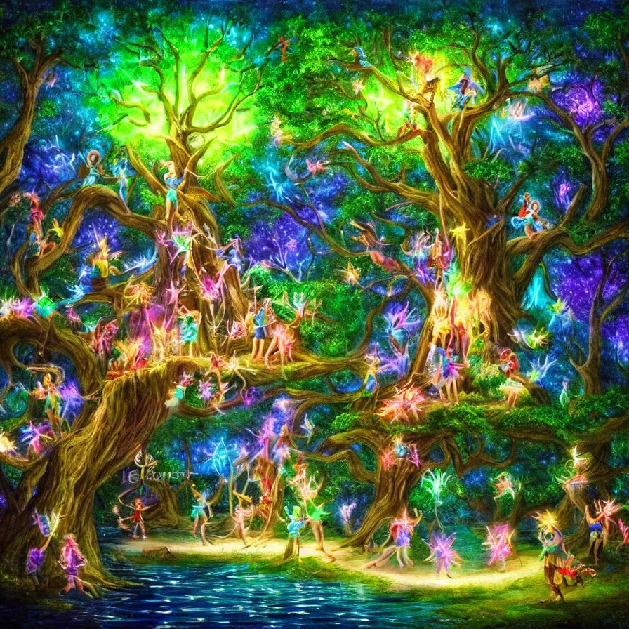 Prompt: a night carnival fairies around a magical tree next to a lake with iridiscent water, christmas lights, volumetric lightning, creatures and fantastic people disguised as fantastic creatures in a magical forest by summer night, masterpieceunderwater scene, masterpiece painted by kelton nelson, scene by night