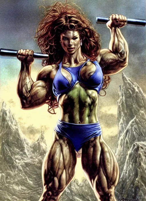 Image similar to jessica biel as she - hulk lifting barbell in overhead press. green skinned, muscular, bodybuilding woman, wheyfu. illustration luis royo, boris vallejo, detailed, realistic