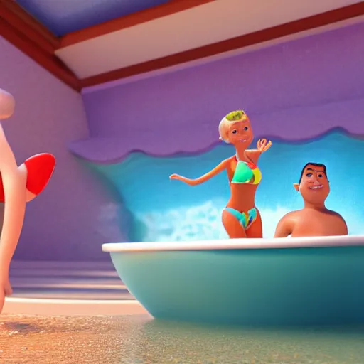 Prompt: 3 d render of a tiny woman wearing a swimsuit surfing in her bathtub as her giant husband watches in pixar style