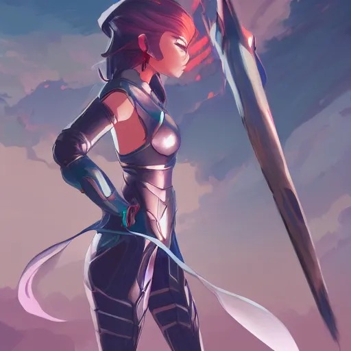 Image similar to long shot fantasy woman in armor looking her reflection in water girl miss attractive eye catching official fanart behance hd artstation, mystic, by Rossdraws and Jesper Ejsing, by Makoto Shinkai and Lois van baarle, ilya kuvshinov