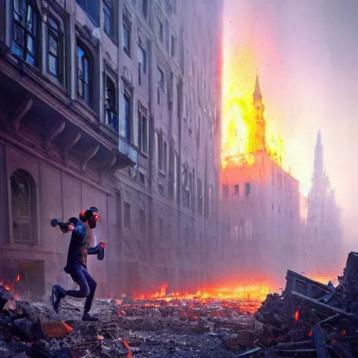 Image similar to a close view of a jewish rabi running away!!!, city of munich destroyed by a meteor!!!, rubble!!, fires!! hyperrealistic, highly detailed, cinematic, foggy light from fires, beautiful, cgssociety, artstation, 8 k, oil painting by greg rutkowski, by artgerm, by wlop