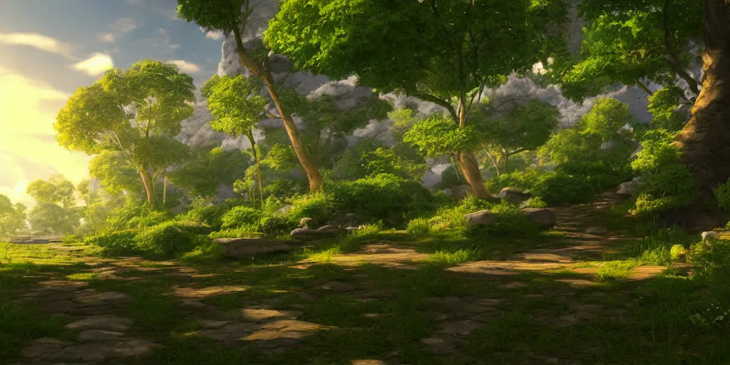 Image similar to beautiful 3 d nature environment from genshin impact, ingame rendering, cell shaded, screenshot, beautiful colors, 8 k, detailed, award winning, unreal engine 5, stylized, popular on artstation, anime style, nostalgic