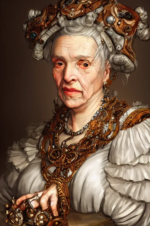 Image similar to portrait, headshot, digital painting, of a old 17th century, old lady cyborg merchant, amber jewels, baroque, ornate clothing, scifi, futuristic, realistic, hyperdetailed, chiaroscuro, concept art, art by frans hals