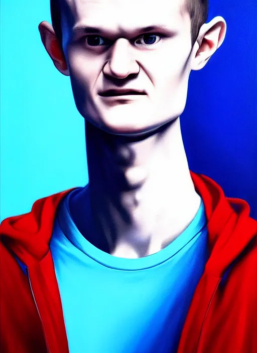 Image similar to vitalik buterin in the style of gottfried helnwein, chiaroscuro intricate composition, blue light by caravaggio, insanely quality, highly detailed, masterpiece, red light, artstation