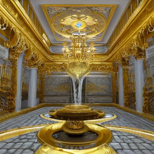 Prompt: interior of a golden palace in a water realm with water flowing through the walls everywhere, ultra detailed, hyperrealistic, 8k hd artwork, featured on artstation, cinema 4d, octane render, cinematic, cinematic lighting,