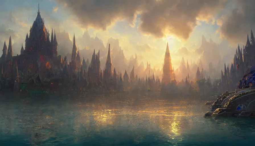 Prompt: a beautiful painting looking across a crystal clear sea at stormwind city from the warcraft movie, by greg rutkowski and kalin popov, trending on artstation, masterpiece,