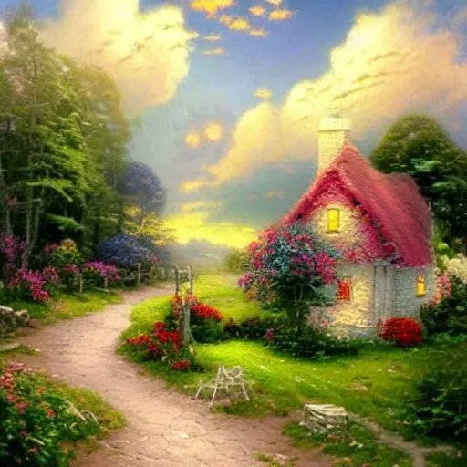 Prompt: beautiful wind turbines behind a small cottage, fluffy clouds in the sky, painted by thomas kinkade